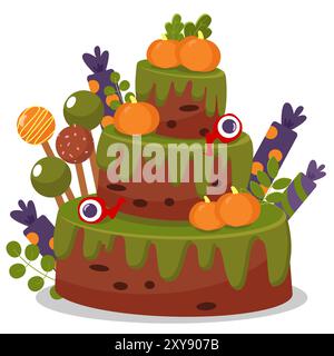 Torta di Halloween a tre livelli in stile cartoni animati isolata su sfondo bianco. Illustrazione vettoriale per il design di feste di Halloween, feste, dessert e bak Illustrazione Vettoriale