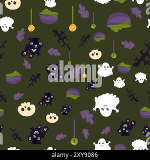 Teschio, foglie, castello, ramo, fantasma senza cuciture. Sfondo di Halloween in stile cartoni animati. Modello per imballaggi, tessuti, carte da parati. Illustrazione Vettoriale