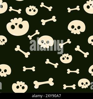 Motivo senza cuciture per cranio e ossa su sfondo nero. Sfondo di Halloween in stile cartoni animati. Modello per imballaggi, tessuti, carte da parati. Illustrazione Vettoriale