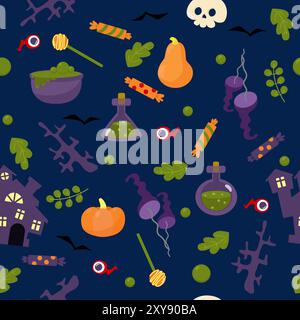 Funghi e foglie di piante, caramelle, zucca, castello, pozione, bottiglie, occhi, lecca lecca stile Halloween in stile cartone animato su sfondo scuro. Schema per Illustrazione Vettoriale