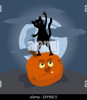 Un gatto giubilante sta su una zucca malvagia sotto la luna. Illustrazione vettoriale sul tema di Halloween. Illustrazione Vettoriale