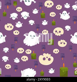 Fantasia senza cuciture di simpatici fantasmi, teschio e candele rituali. Sfondo di Halloween in stile cartoni animati. Modello per imballaggi, tessuti, carte da parati. Illustrazione Vettoriale