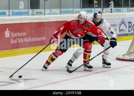 Kampf um den Puck / Zweikampf zwischen Roman Cervenka (HC Dynamo Pardubice, #19) und Dominik Bittner (EHC Red Bull Muenchen, #3). GER, EHC Red Bull Muenchen gegen HC Dynamo Pardubice, Eishockey, Testspiel, pre-season, 28.08.2024. Foto: Eibner-Pressefoto/Heike Feiner Foto Stock