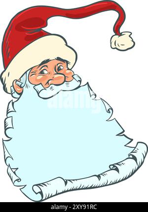 La faccia gentile di Babbo Natale con la barba come una lista. Il prossimo anno e Natale. Selezione ritardata di regali per i propri cari. Cartoni animati pop Illustrazione Vettoriale