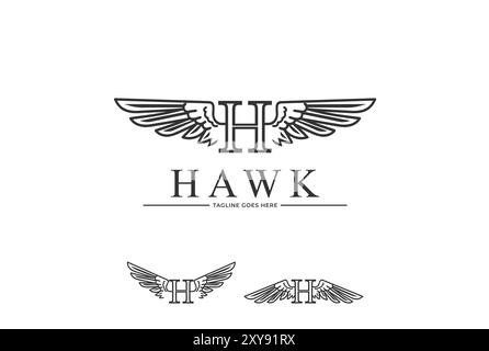 Lettera iniziale vintage H per Hawk Wings Logo Design Illustrazione Vettoriale