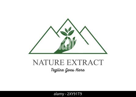 Hold Hold Tree Plant Bud con goccia di olio d'acqua e Mountain for Nature Hemp CBD Extract Logo Illustrazione Vettoriale
