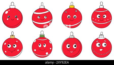 Palle di Natale. Set di carine palle di Natale. Palline natalizie cartoni animati dal design piatto. Illustrazione vettoriale. Illustrazione Vettoriale