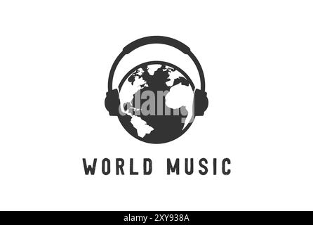 Vintage World Globe Earth con microfono auricolare per ambiente musica Podcast Logo Design Illustrazione Vettoriale