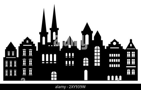 Sfondo astratto urbano. Serie di case in stile Amsterdam. Silhouette tagliata al laser. Facciate stilizzate di edifici con vista sulla vecchia Europa. Illustrazione Vettoriale