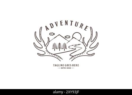 Antler Deer Moose Horn con Mountain Pine Forest Fir Creek River per Outdoor Adventure Logo Design Illustrazione Vettoriale