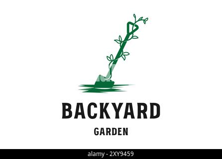 Pala a vanga con pianta a foglia per Backyard Garden Logo Design Illustrazione Vettoriale