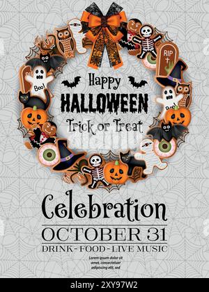 invito alla festa di halloween con corona di biscotti al pan di zenzero. volantino per festeggiare halloween Illustrazione Vettoriale