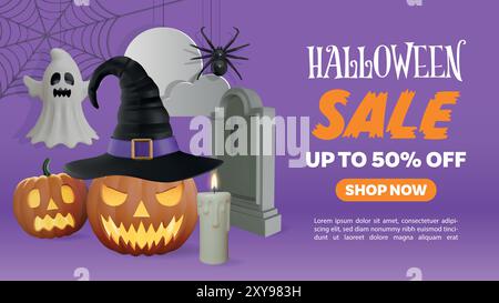 striscione di halloween con elementi 3d e carta luna piena e nuvola. sfondo di halloween con zucche 3d. Illustrazione Vettoriale