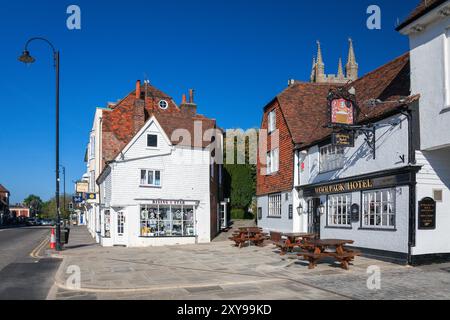 Regno Unito, Inghilterra, Kent, Tenterden High Street con "Woolpack Hotel" Foto Stock