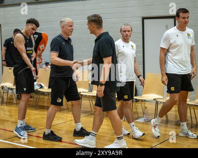 John Patrick (MHP Riesen Ludwigsburg, Head-Coach), Igor Perovic, GER, MHP Riesen Ludwigsburg vs. Kirchheim Knights, Basketball, Testspiel, Spielzeit 2024/2025, 28.08.2024, foto: Eibner-Pressefoto/Sascha Walther Foto Stock