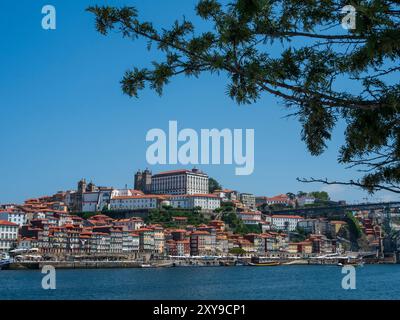 Si affaccia sul fiume Douro fino a Porto da Vila Nova de Gaia, Portogallo. Foto Stock