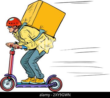 Corriere maschile su uno scooter con bagagli grandi. consegna rapida e di alta qualità 24 ore su 24. Lavorare in un ristorante o in un bar. Pop Art retro Vector illustra Illustrazione Vettoriale