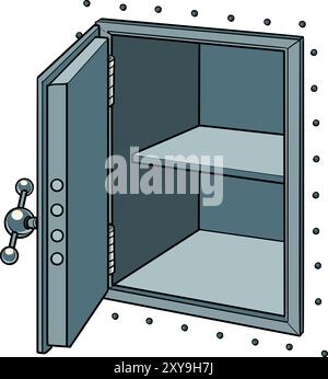 Cassetta di sicurezza aperta in metallo vuota. Il problema del furto e della perdita di investimenti finanziari. Lavorare sulla sicurezza bancaria per i clienti. Grafica pop retro illustrativa Illustrazione Vettoriale