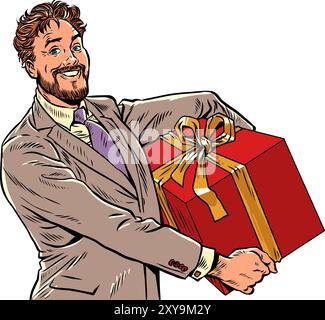 Consegna di regali in tutto il mondo da parte di un'azienda di fiducia. Un uomo con un completo ha un grande dono rosso. Vacanze di Natale e preparazione per loro. AR. Pop Illustrazione Vettoriale
