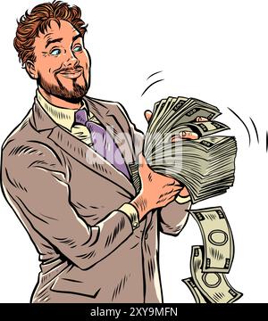 Le persone più ricche del mondo. Un uomo con una tuta conta molti soldi. Gli investimenti nelle imprese in seguito ripagano con gli interessi. Pop Art retro Illustrazione Vettoriale