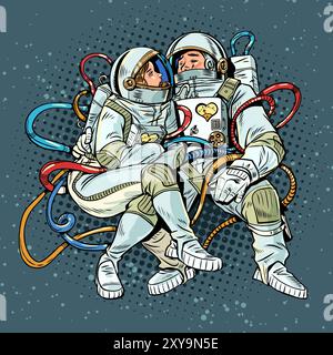 Un paio di uomini e donne nello spazio. Relazioni romantiche a qualsiasi distanza. Gli astronauti esplorano l'universo insieme. Illustrazione Vettoriale