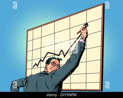 Crescita delle quote nel mercato finanziario. La carriera del dipendente si sposta in alto nella sua carriera. Un uomo in tuta si trova a un tavolo con una cartella. Pop art Illustrazione Vettoriale