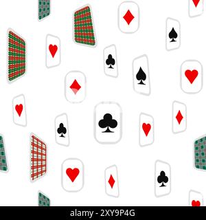 Rosso, nero, dorato abiti di carte da gioco motivo senza cuciture. Picche, croci, diamanti e cuori. adatto per giocare a carte Illustrazione Vettoriale