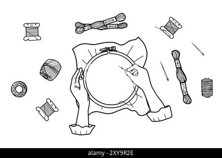 Ricamo, ricamo. Mani femminili ricamate su un cerchio, bobine filettate, aghi e Mulin Floss isolate su sfondo bianco. Vista dall'alto Illustrazione Vettoriale