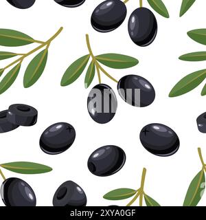 Modello senza giunture vettoriali con Olive verdi vettoriali piatte. Olive Berries on a Branch. Modello disegnato a mano per Olive Tree Berry per prodotti a base di olio d'oliva Illustrazione Vettoriale