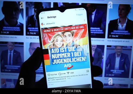 Auf einem smartphone wurde der Instagram-account der Partei alternative für Deutschland AfD geöffnet. Dahinter ist auf einem laptop der TikTok-Kanal der AfD aufgerufen worden. Simbolo/simbolo foto. Schnelsen Hamburg *** l'account Instagram dell'alternativa per la festa tedesca AfD è stato aperto su uno smartphone dietro di esso, il canale TikTok dell'AfD è stato aperto su un laptop immagine simbolica foto simbolica Schnelsen Hamburg Foto Stock