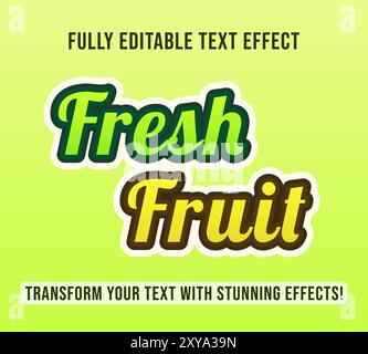 Effetti di testo modificabili con tema frutta fresca, personalizzabili e pronti all'uso. Illustrazione Vettoriale
