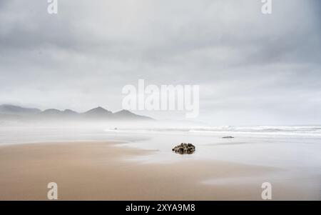 Acqua proveniente da Cannon Beach a Low Tide in una nebbiosa mattina estiva Foto Stock