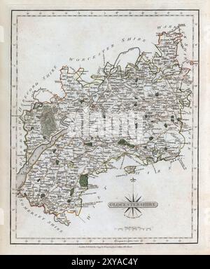 Una mappa vintage del XVIII secolo raffigura la contea inglese del Gloucestershire Inghilterra Regno Unito, e le sue regioni circostanti, con i dettagli di città, strade e caratteristiche geografiche. Foto Stock