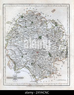 Una mappa vintage del XVIII secolo raffigura la contea inglese di Herefordshire Inghilterra Regno Unito, e le sue regioni circostanti, con i dettagli di città, strade e caratteristiche geografiche. Foto Stock