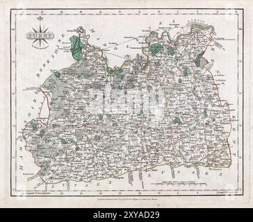 Una mappa vintage del XVIII secolo raffigura la contea inglese del Surrey Inghilterra Regno Unito e le sue regioni circostanti, con i dettagli di città, strade e caratteristiche geografiche. Foto Stock