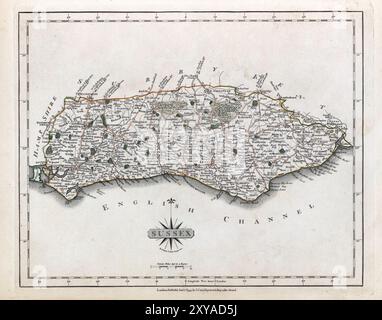 Una mappa vintage del XVIII secolo raffigura la contea inglese del Sussex England UK e le sue regioni circostanti, con i dettagli di città, strade e caratteristiche geografiche. Foto Stock