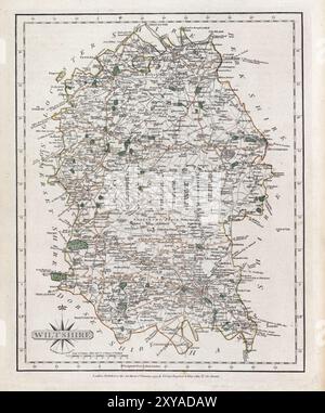 Una mappa vintage del XVIII secolo raffigura la contea inglese del Wiltshire Inghilterra Regno Unito, e le sue regioni circostanti, con i dettagli di città, strade e caratteristiche geografiche. Foto Stock