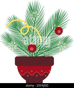 Mazzo di ramoscelli di pino con giocattoli di Natale e fiocchi di neve in vaso di fiori. Bouquet di Natale decorativo in eleganti tonalità di Capodanno isolate. Cartoline, poster, banner, brochure o illustrazioni web idea Vector Illustrazione Vettoriale
