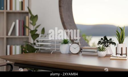 Una scrivania in legno contro la finestra presenta piante e cancelleria in una camera contemporanea. ufficio, luogo di lavoro, ufficio domestico, rendering 3d, i 3d. Foto Stock