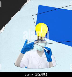 Una donna con un camice da laboratorio bianco tiene in mano una siringa e indossa una maschera. L'immagine è una rappresentazione creativa di un concetto scientifico. Arte collage Foto Stock