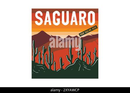 Vintage retro American Saguaro Cactus Desert National Park for Outdoor Adventure T Shirt Logo Illustration Illustrazione Vettoriale