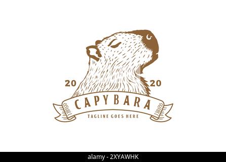 Testa Capybara disegnata a mano retro vintage con logo a nastro Illustrazione Vettoriale