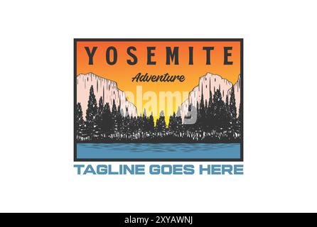 Illustrazione con logo della maglietta vintage Yosemite Landscape View for Outdoor Adventure Illustrazione Vettoriale