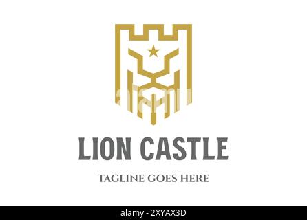 Design geometrico araldico con logo monogramma Golden Leo Lion King Castle Shield Illustrazione Vettoriale