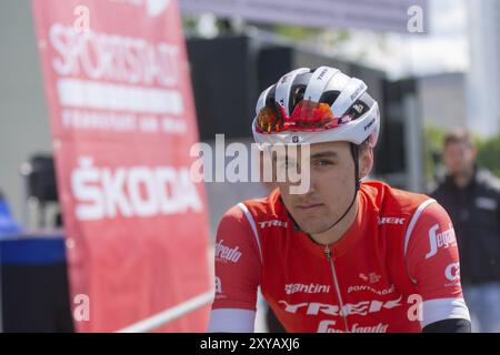 ESCHBORN, GERMANIA, 1 MAGGIO 2018: Nicola Conci (Trek-Segafredo) alla gara ciclistica Eschborn-Francoforte Foto Stock