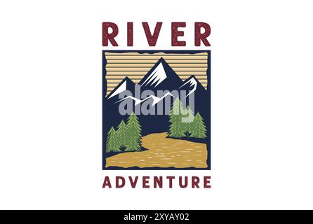 Vintage Mountain Pine Forest con Creek River per avventure all'aperto Logo Design Illustrazione Vettoriale