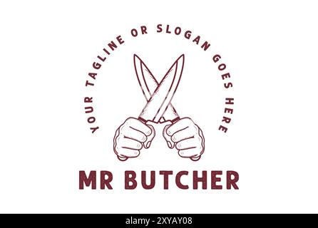 Coltello vintage retro per carne incrociato per Butcher Logo Design Illustrazione Vettoriale