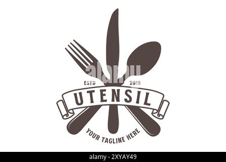 Forchetta a cucchiaio e coltello vintage retro incrociati per Kitchen Cook Eatery Restaurant o Food Catering Logo Design Illustrazione Vettoriale