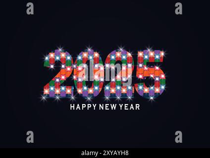 Felice anno nuovo 2025 Design di testo con luci colorate. Illustrazione vettoriale. Illustrazione Vettoriale