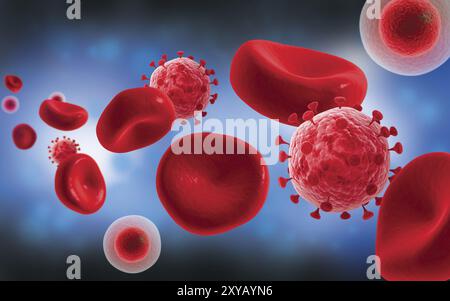 Vista microscopica delle cellule ematiche con virus Foto Stock